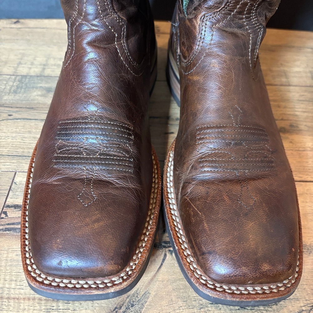 Ariat Tombstone Western Boot Brown Leather Green Stitching Square Toe Size 9.5 - Picture 4 of 11